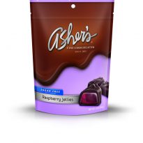 Sugar Free Raspberry Jellies 3oz Bag is brown and purple with old Asher's logo and Sugar Free label highlighted in blue. Three (3) jellies are pictured on the front of the package to show size, shape, and purple raspberry inside.