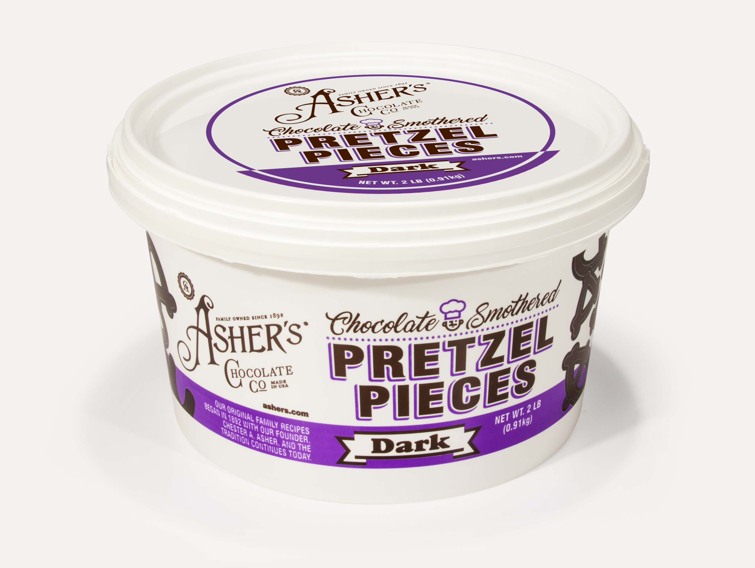 Dark Chocolate Smothered Pretzel Pieces two (2) pound white pail with brown writing, and purple detail shown on white background.